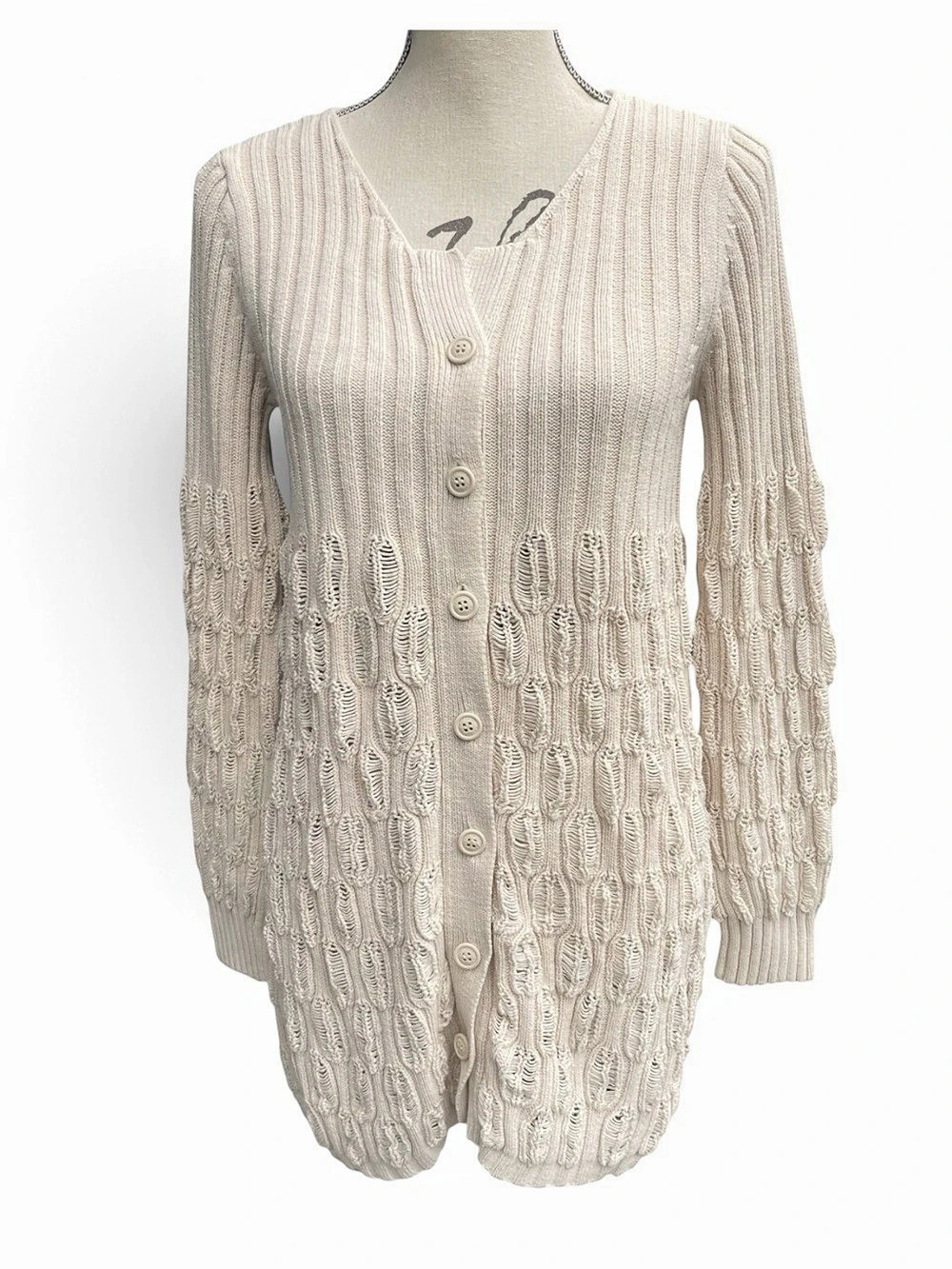 sandwich_ Oatmeal Cotton Open Knit/Ribbed Button Front Cardigan (M)